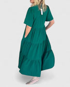 Notch Neck Short Sleeve Tiered Boho Casual Maxi Dress