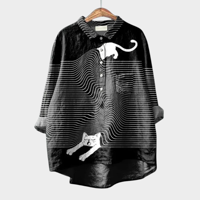 Whimsical Dog Print Point Collar Button Down Oversized Linen Shirt