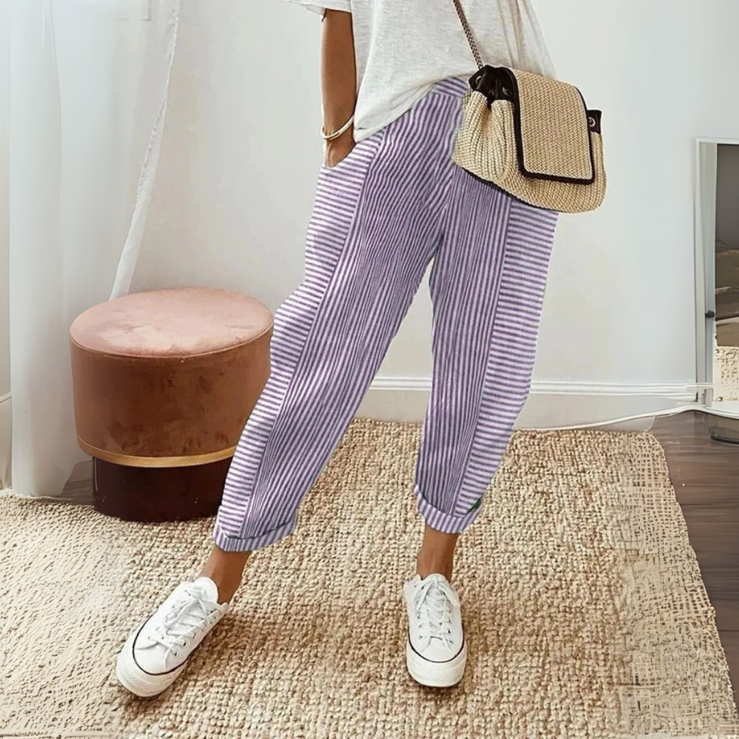Striped Roll Cuff Elasticated Waist Casual Linen Pant