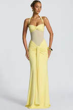 Halter Neck Ruched Knot Front Bodycon Maxi Dress - Formal Evening Gown