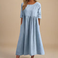 Gathered Waist Three Quarter Sleeve Cotton Midi Dress