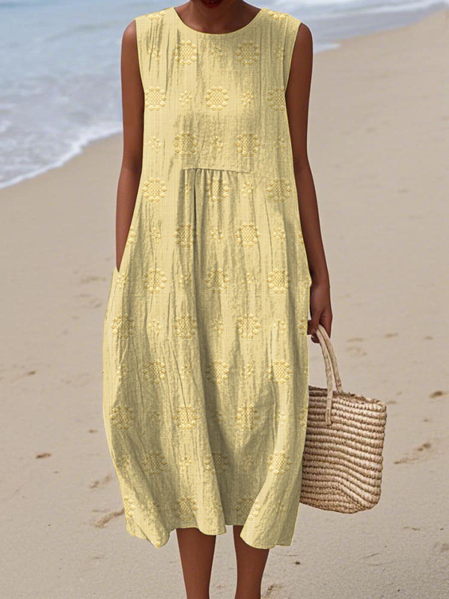Embroidered Dot Sleeveless Smock Casual Midi Dress