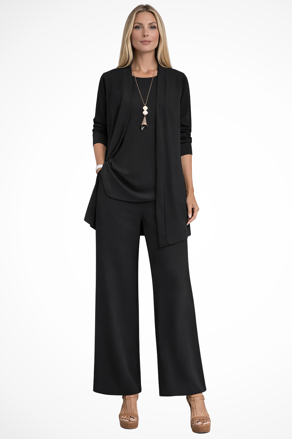 Draped Cardigan Wide Leg Trouser Elegant Three Piece Set
