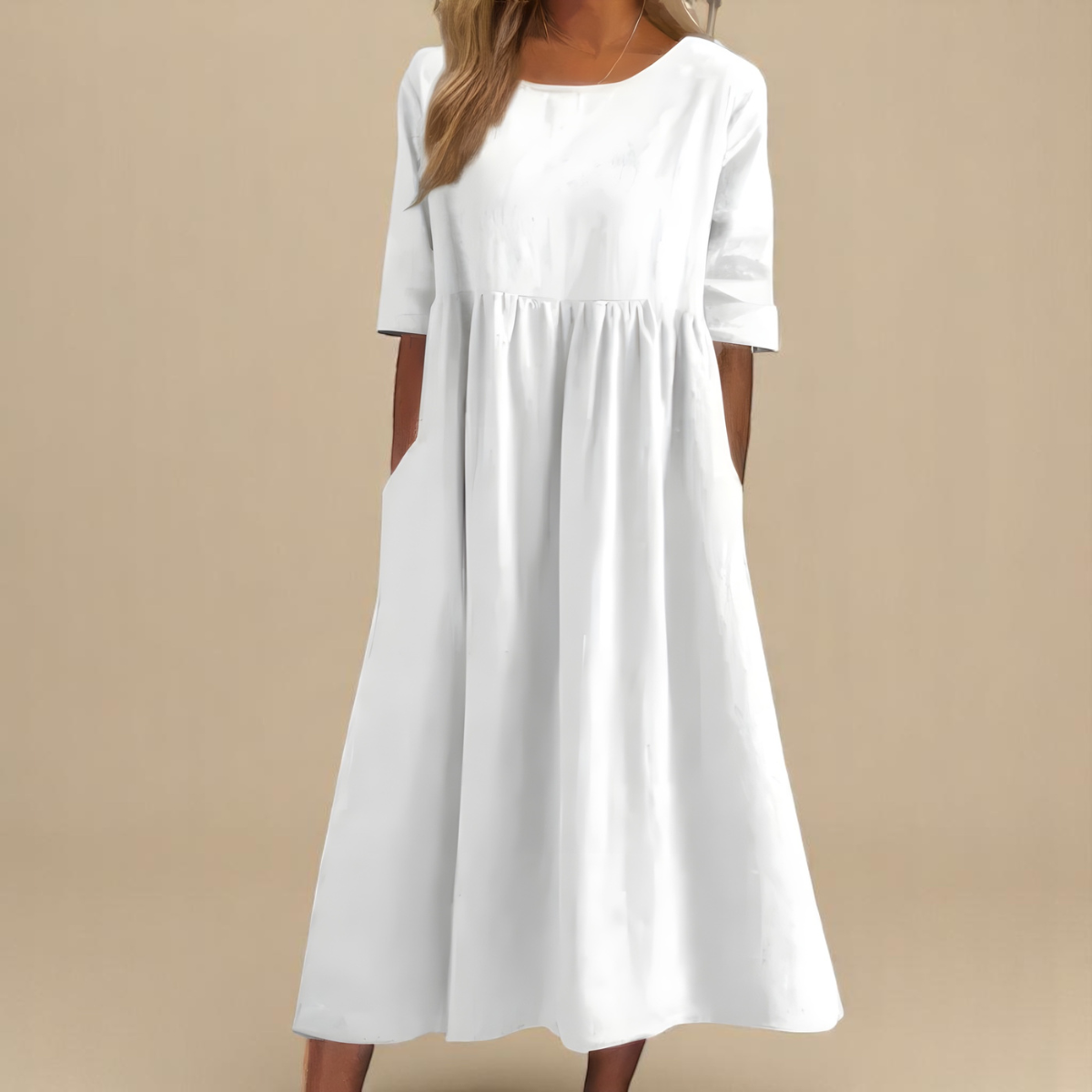 Gathered Waist Three Quarter Sleeve Cotton Midi Dress