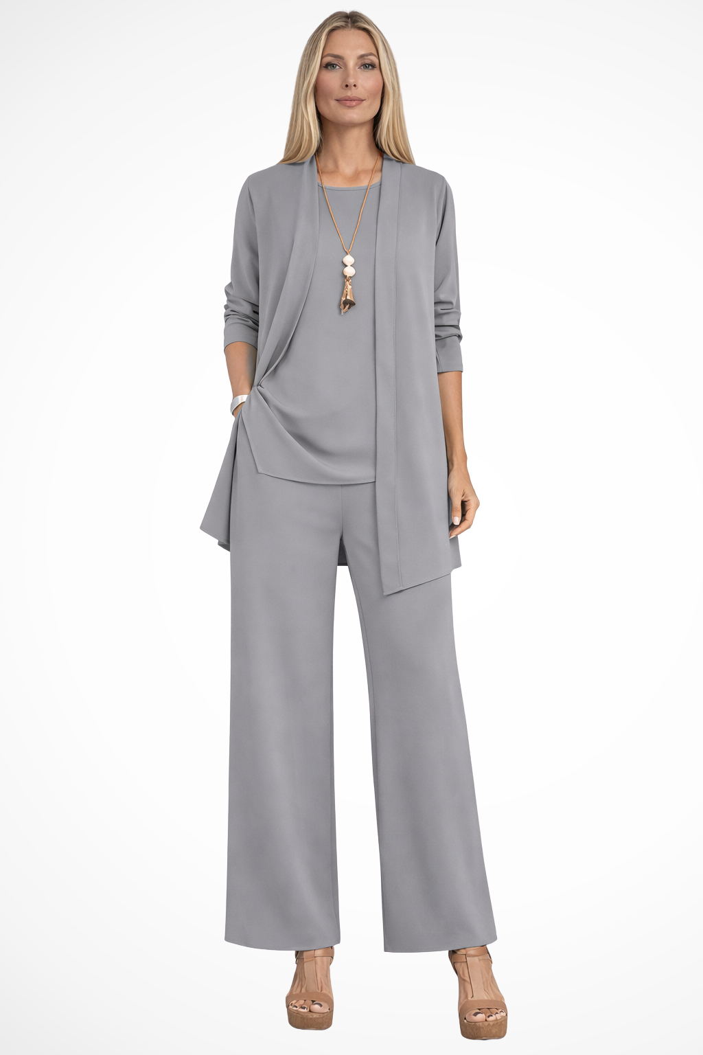 Draped Cardigan Wide Leg Trouser Elegant Three Piece Set