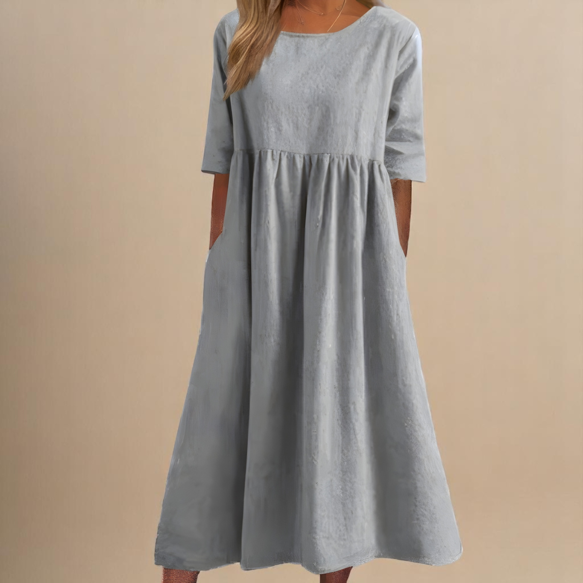 Gathered Waist Three Quarter Sleeve Cotton Midi Dress