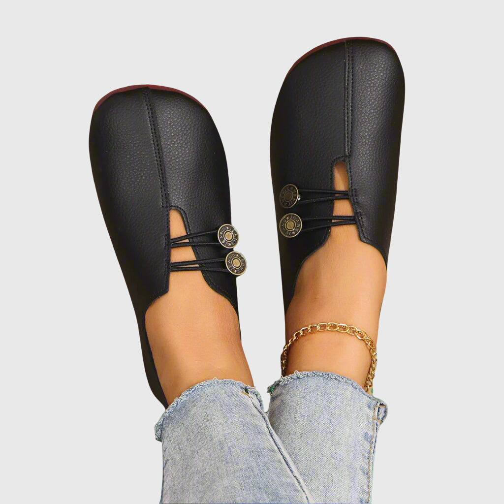 Vintage Burnished Leather Bronze Button Elastic Strap Round Toe Flat