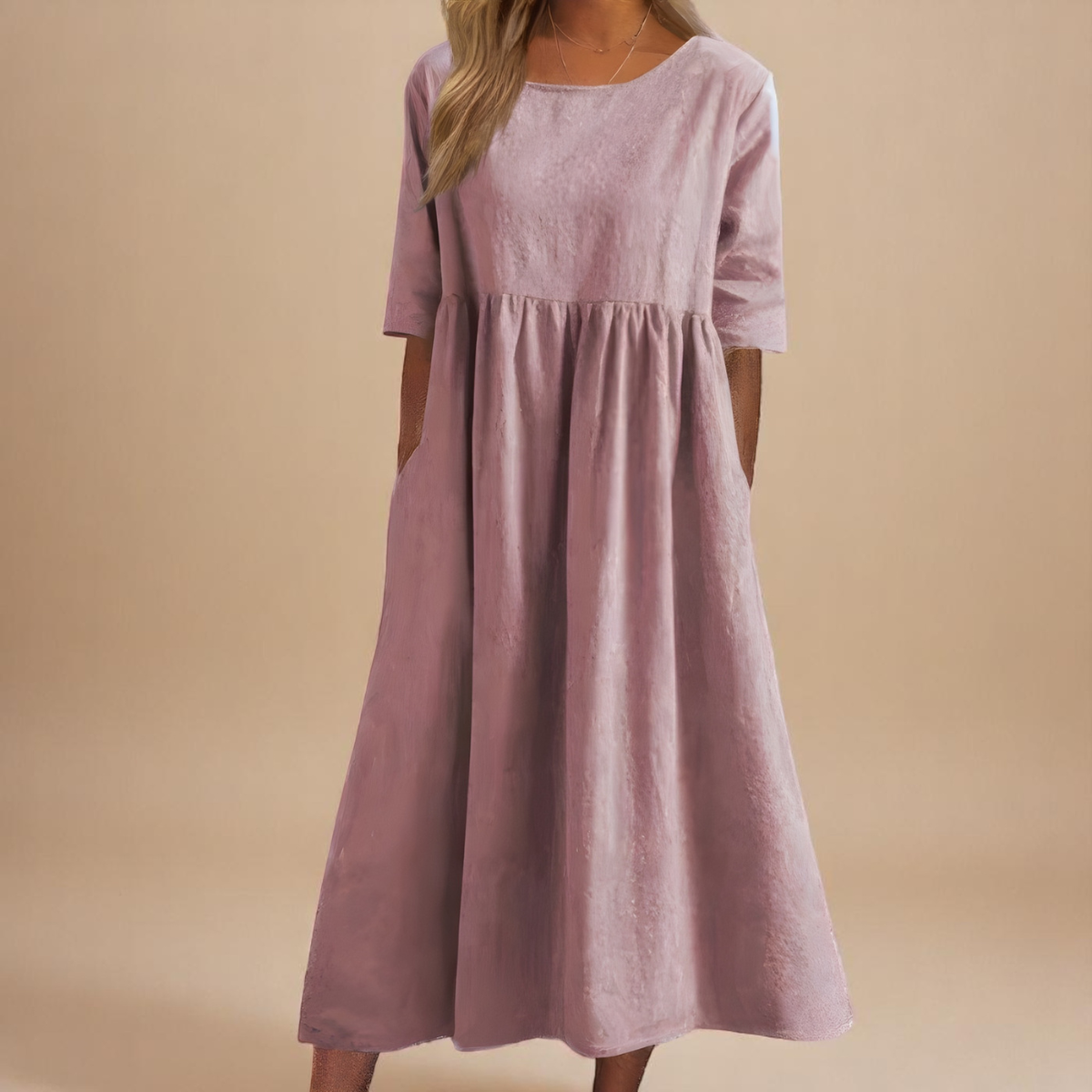 Gathered Waist Three Quarter Sleeve Cotton Midi Dress