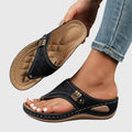 Laser Cut Toe Loop Metal Trim Wedge Sandal