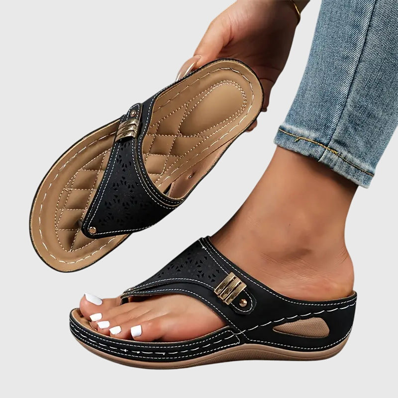 Laser Cut Toe Loop Metal Trim Wedge Sandal