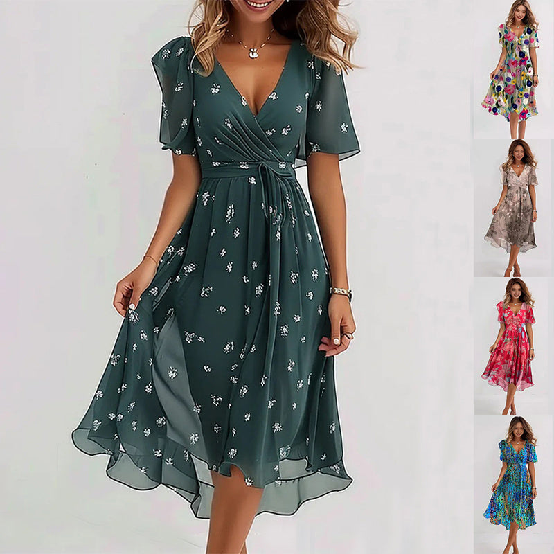 Floral Abstract V Neck Flutter Sleeve Midi Dress