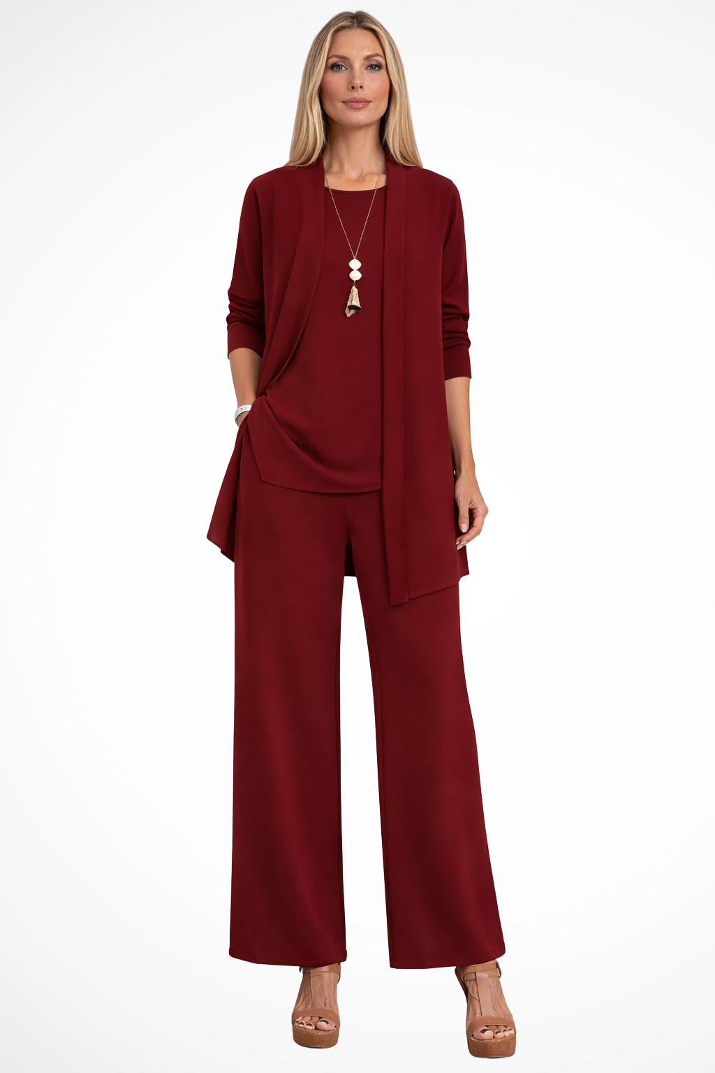 Draped Cardigan Wide Leg Trouser Elegant Three Piece Set
