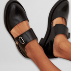 Double Buckle Strap Chunky Sole Leather Mary Jane Flat