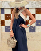 Contrast Cross Halter Neck Sleeveless Casual Maxi Dress