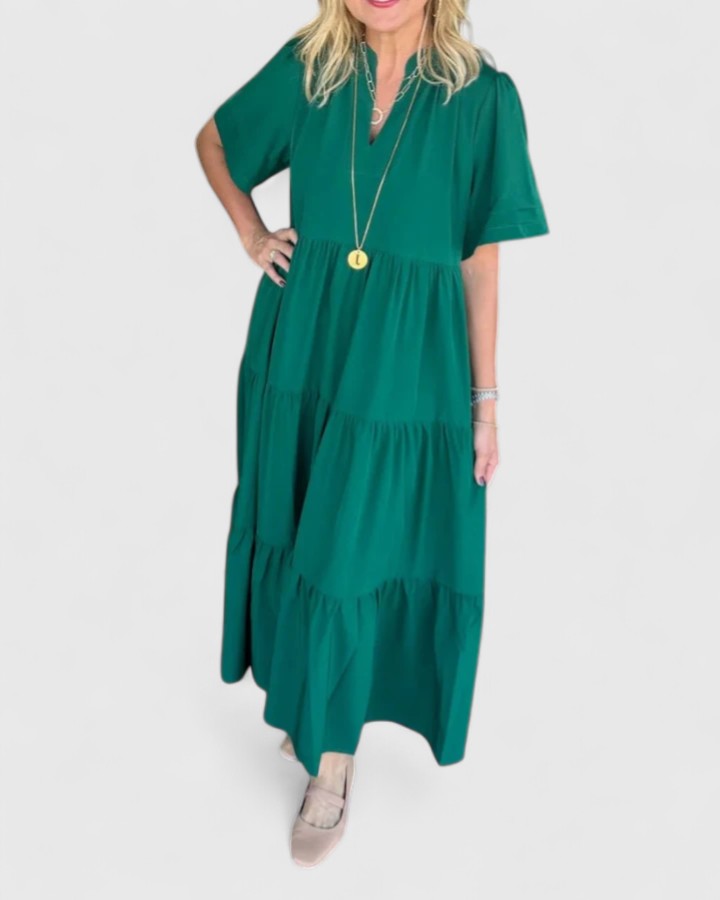 Notch Neck Short Sleeve Tiered Boho Casual Maxi Dress