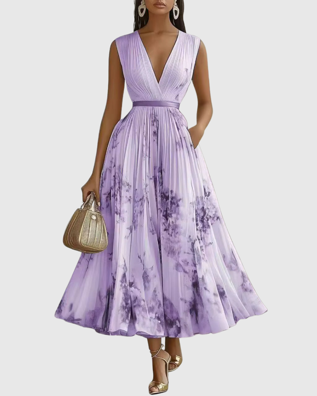 Floral Pleated V-Neck Belted Maxi Dress - Wedding Guest Gown