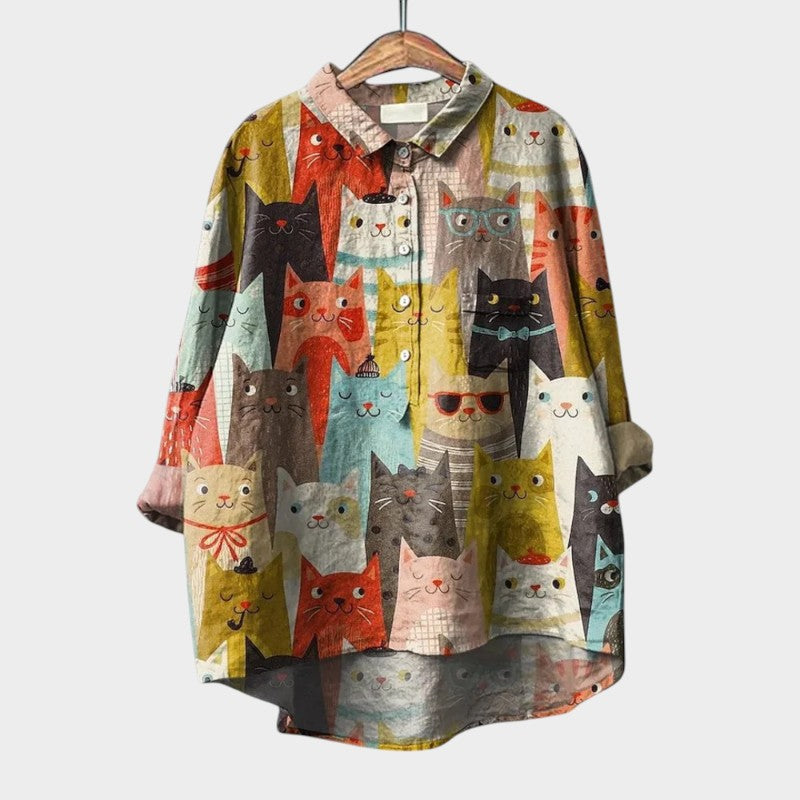 Whimsical Dog Print Point Collar Button Down Oversized Linen Shirt