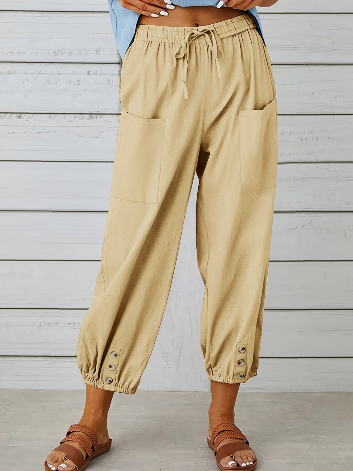 Button Cuff Patch Pocket Drawstring Capri Linen Pant