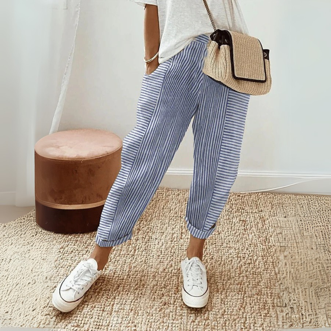 Striped Roll Cuff Elasticated Waist Casual Linen Pant