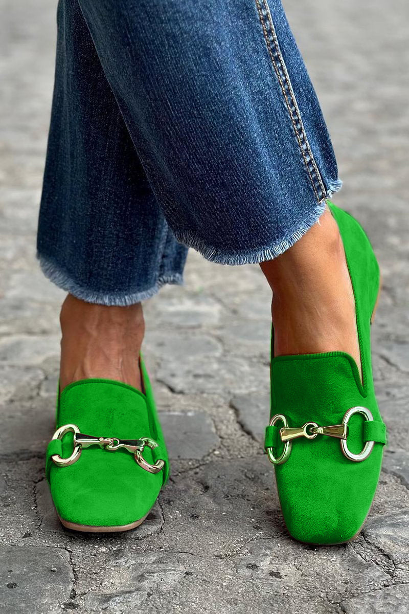 Horsebit Buckle Contrast Trim Suede Square Toe Flat Loafer