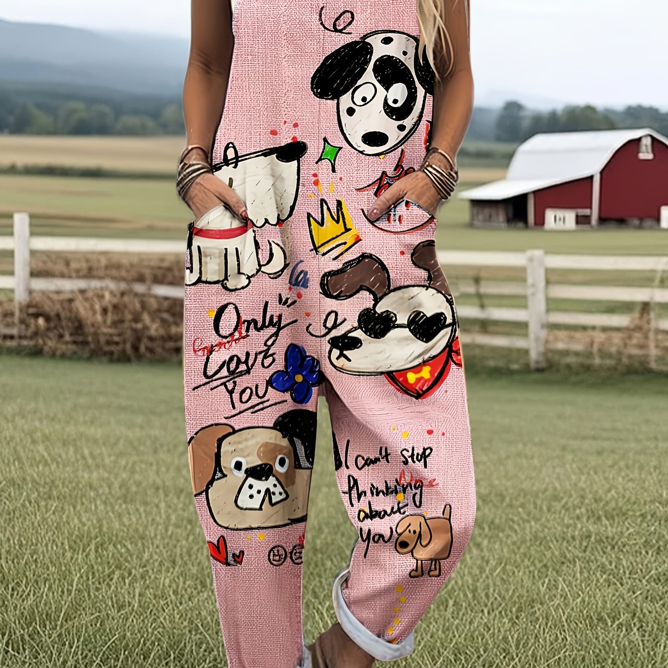Cartoon Dog Graphic Print Adjustable Strap Pocket Casual Jumpsuit