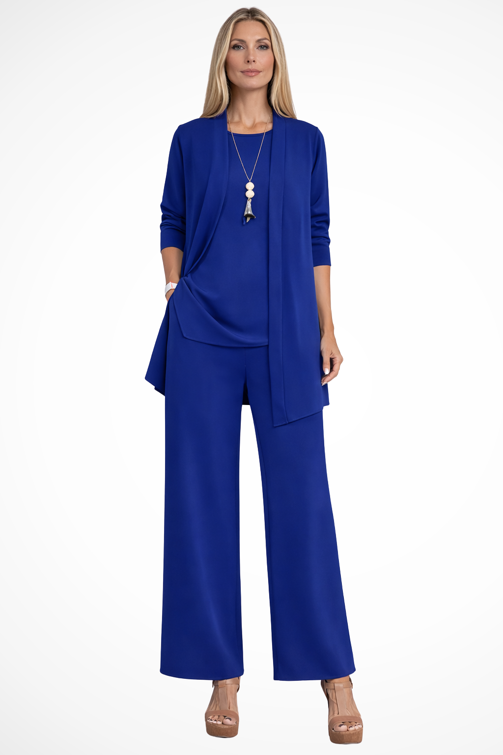 Draped Cardigan Wide Leg Trouser Elegant Three Piece Set