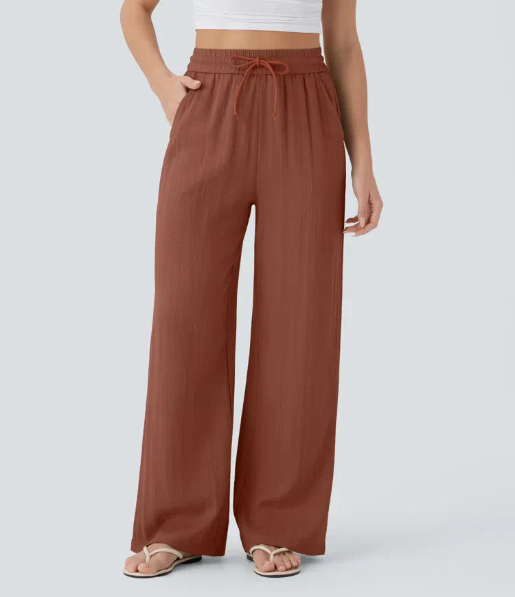 Smocked High Waist Drawstring Wide Leg Linen Pant