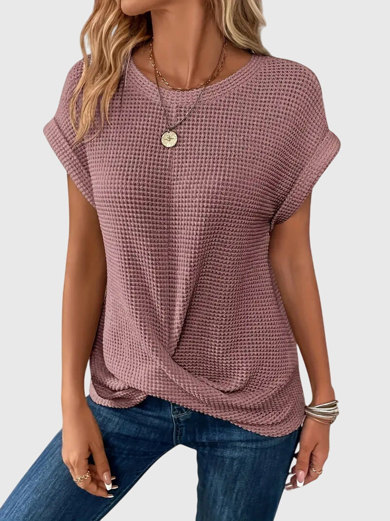 Waffle Knit Crew Neck Rolled Cuff Cap Sleeve Relaxed Top