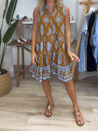 Boho Medallion Print Notch Neck Tiered Ruffle Hem Smock Mini Dress