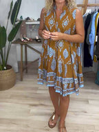 Boho Medallion Print Notch Neck Tiered Ruffle Hem Smock Mini Dress