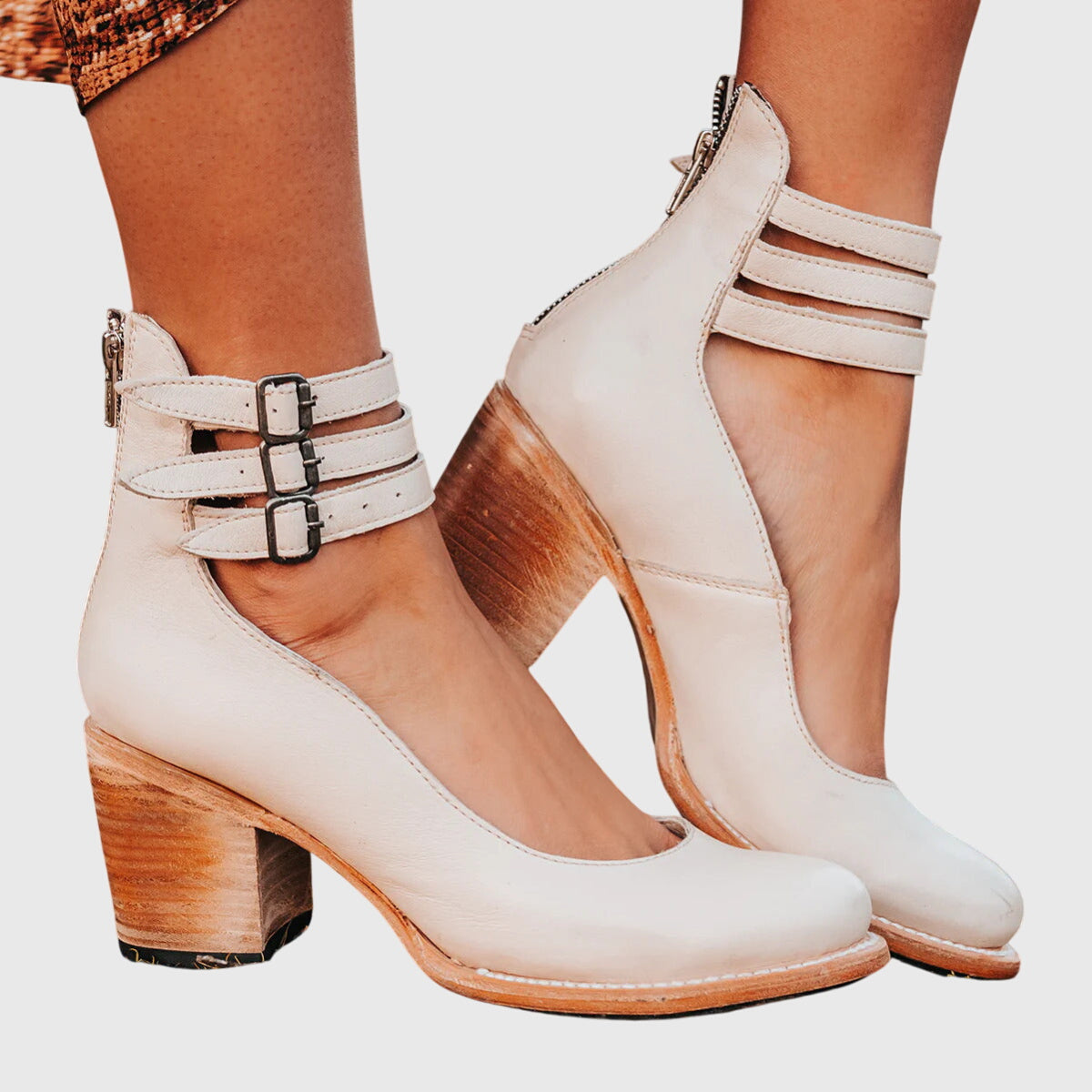 Triple Buckle Strap Distressed Leather Block Heel Boot