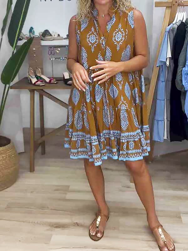 Boho Medallion Print Notch Neck Tiered Ruffle Hem Smock Mini Dress