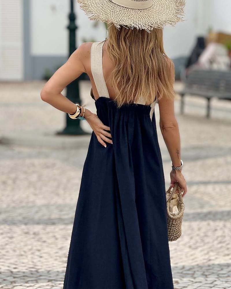Contrast Cross Halter Neck Sleeveless Casual Maxi Dress