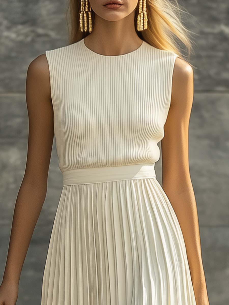 Crew Neck Ribbed Knit Bodice Pleated Skirt Sleeveless Maxi Dress - Wedding Guest