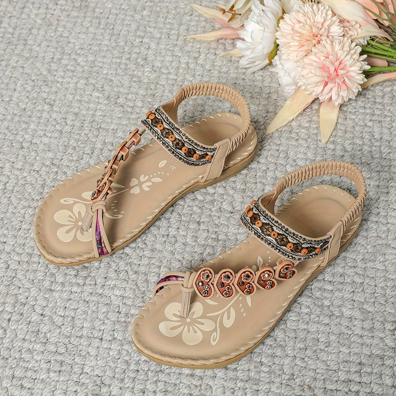 Boho Rhinestone Beaded Toe Ring Flat Sandal