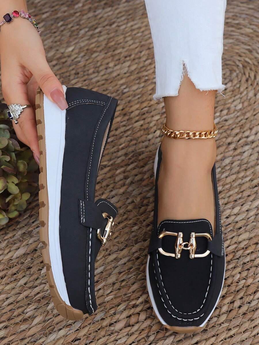 Suede Gold Chain Trim Round Toe Flatform Slip On Loafer