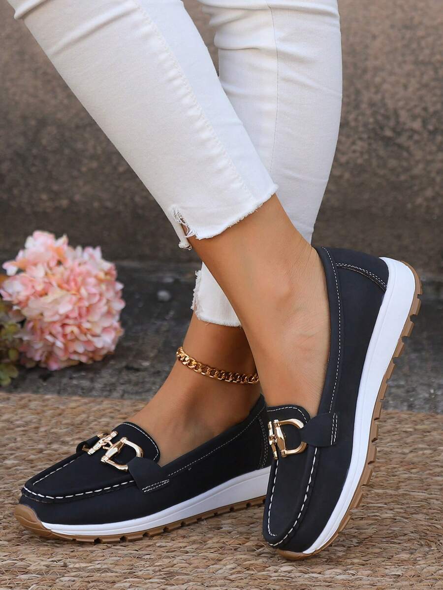 Suede Gold Chain Trim Round Toe Flatform Slip On Loafer