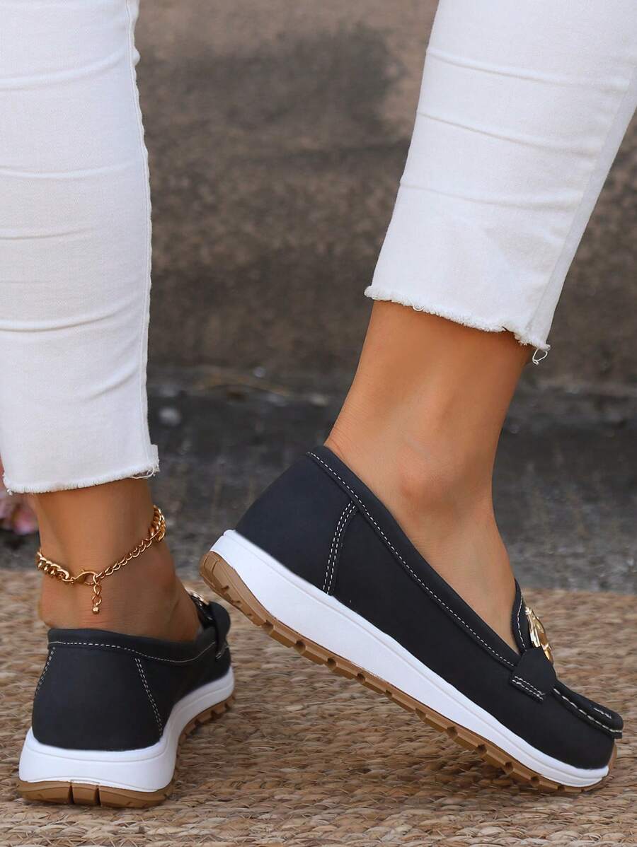 Suede Gold Chain Trim Round Toe Flatform Slip On Loafer