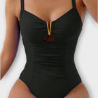 Gold V-Bar Keyhole Ruched Tummy Control One Piece Swimsuit