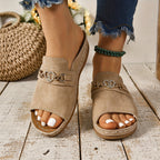 Rhinestone Heart Buckle Suede Open Toe Flat Slide Sandal