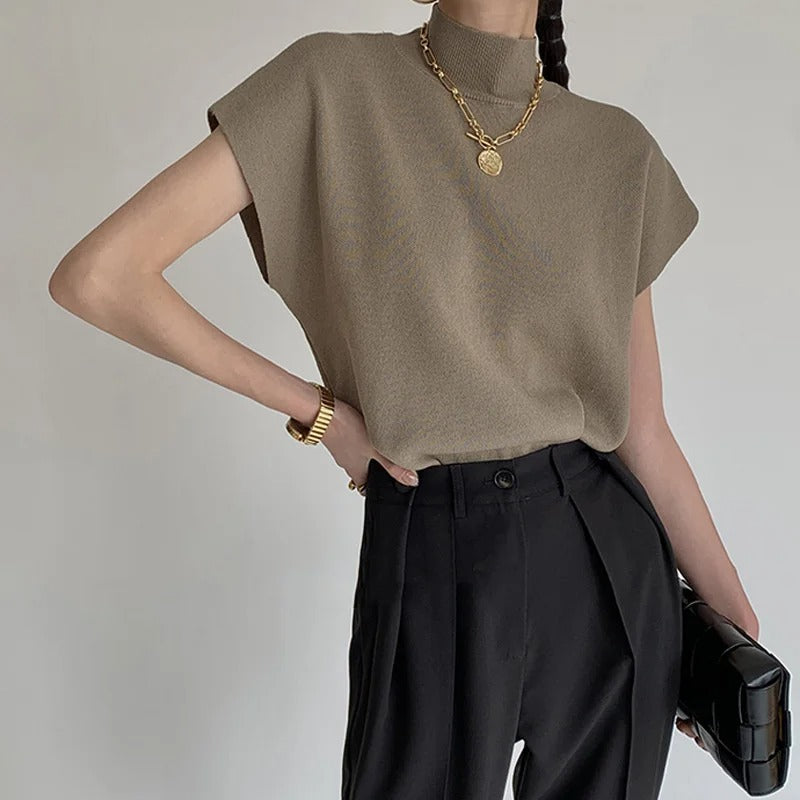 Mock Neck Sleeveless Shoulder Pad Casual Knit Top