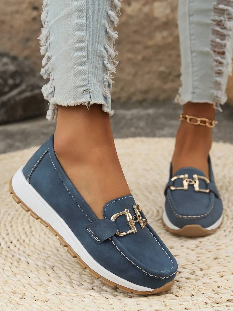 Suede Gold Chain Trim Round Toe Flatform Slip On Loafer