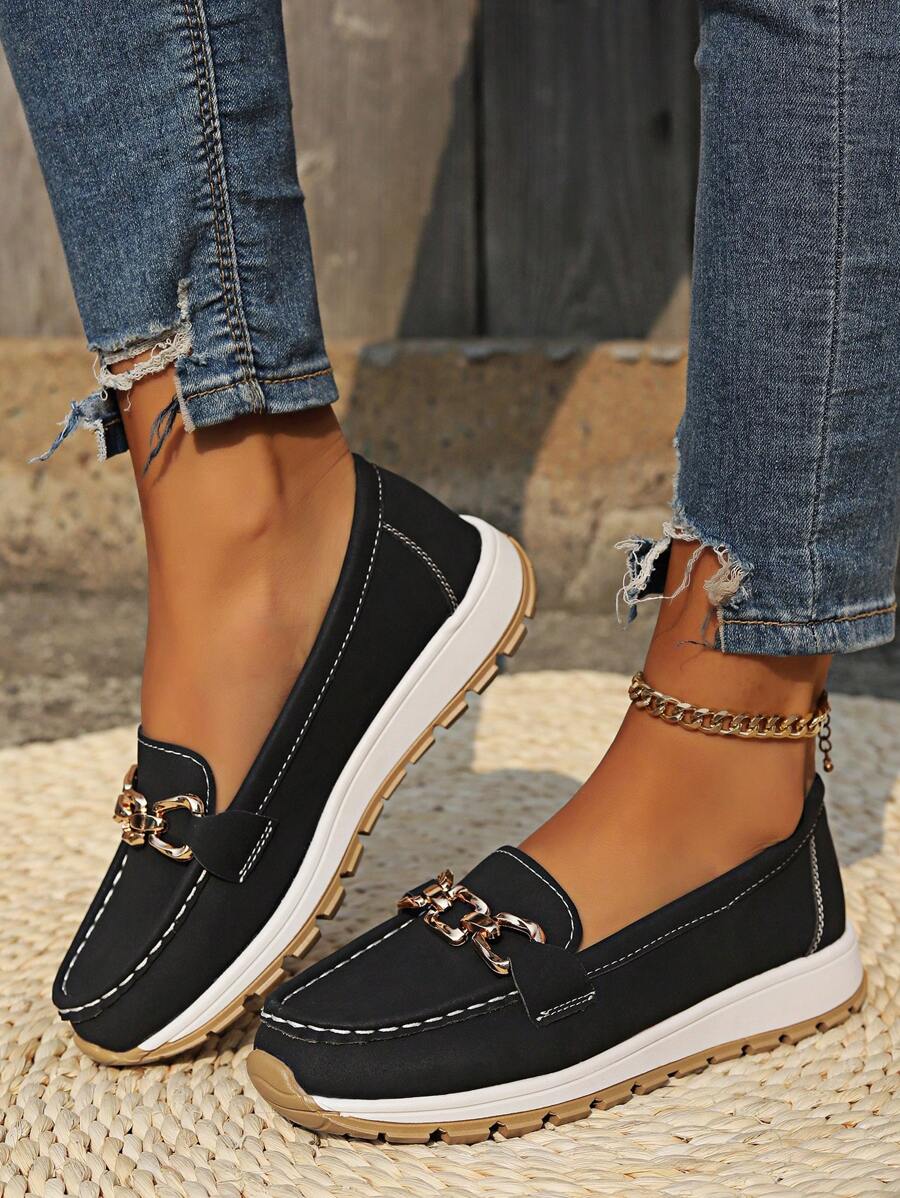 Suede Gold Chain Trim Round Toe Flatform Slip On Loafer