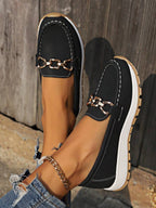 Suede Gold Chain Trim Round Toe Flatform Slip On Loafer