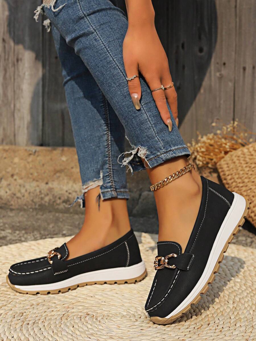 Suede Gold Chain Trim Round Toe Flatform Slip On Loafer
