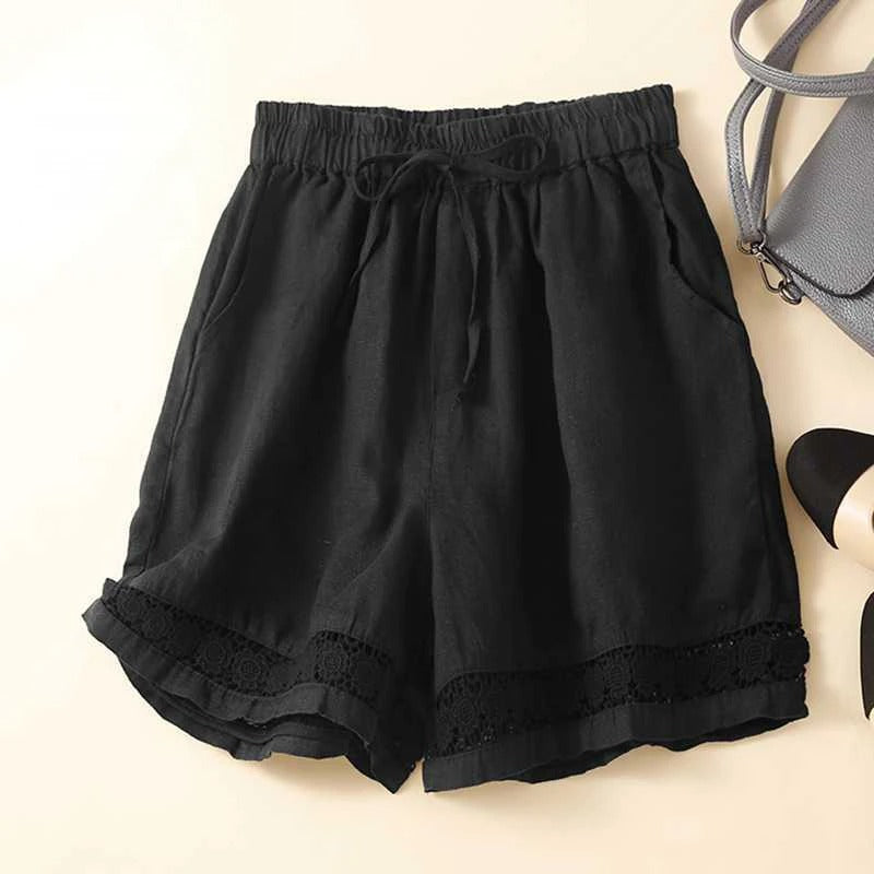 Drawstring Waist Lace Hem Trim Wide Leg Linen Short