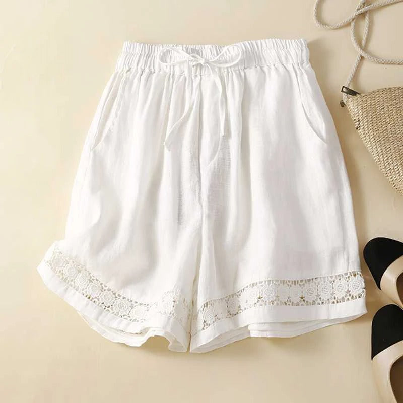 Drawstring Waist Lace Hem Trim Wide Leg Linen Short