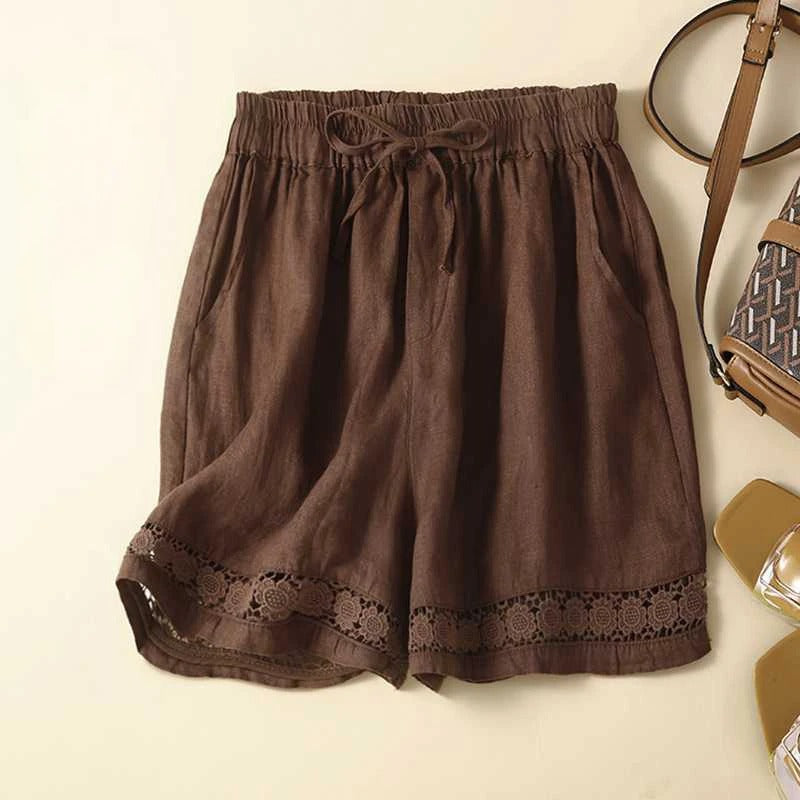 Drawstring Waist Lace Hem Trim Wide Leg Linen Short