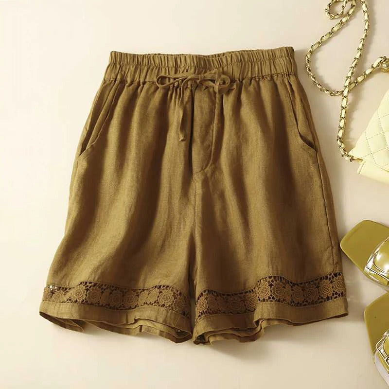 Drawstring Waist Lace Hem Trim Wide Leg Linen Short