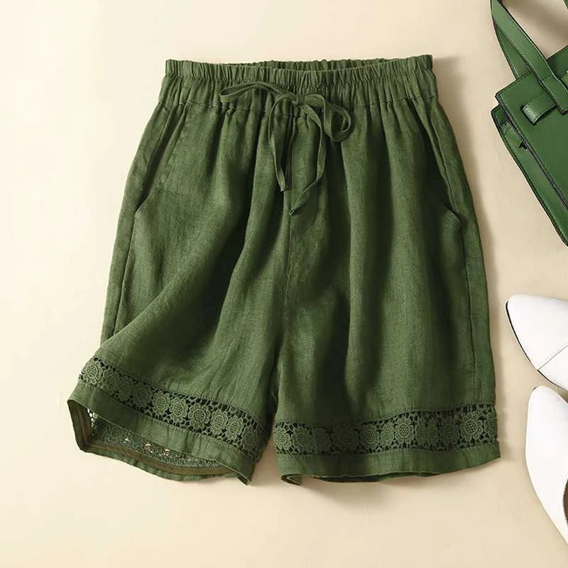 Drawstring Waist Lace Hem Trim Wide Leg Linen Short